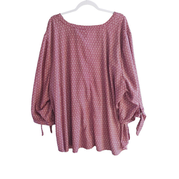 CATHERINES Button Up Blouse Womens 4X Red Geometric Georgette Tie 3/4 Sleeve - Picture 2 of 13